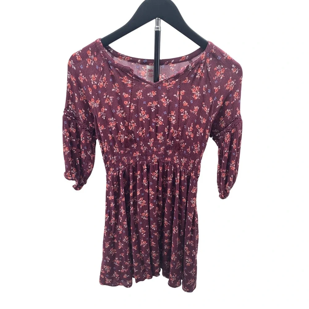 Justice Girls Floral Smocked Waist Boho Dress Burgundy Crochet Sleeve Size 8
